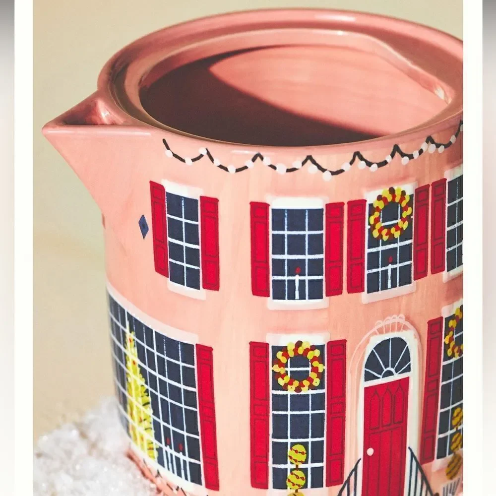NWT ANTHROPOLOGIE Christmas Chalet Teapot Holiday House Pink Red
